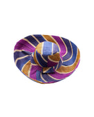Monica 5" & 7" Wide Brim Olive and Purple Swirl Multicolor Stripes Packable Straw Sun Hat Handmade loomed raffia multi width bands of turquoise blue, olive green, purple, and natural straw color create a swirl pattern - Shebobo