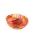 Monica 5" & 7" Wide Brim Sunrise Stripe Multicolor Stripes Packable Straw Sun Hat Handmade loomed raffia in multi width bands of saffron yellow, fuchsia pink, orange, red, lime green, and natural create a swirl pattern - Shebobo