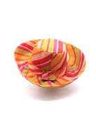 Monica 5" & 7" Wide Brim Sunrise Stripe Multicolor Stripes Packable Straw Sun Hat Handmade loomed raffia in multi width bands of saffron yellow, fuchsia pink, orange, red, lime green, and natural create a swirl pattern - Shebobo