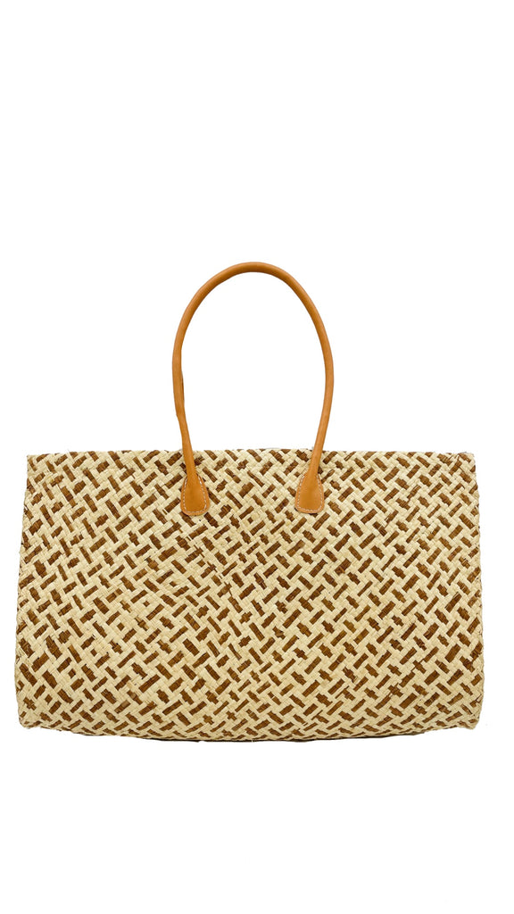 Monte Carlo Big Straw Beach Bag Cinnamon Two Tone handmade woven raffia palm fiber in cross hatch pattern of cinnamon/tobacco/brown and natural straw color with leather handles and zipper closure extra large handbag shoulder bag - Shebobo