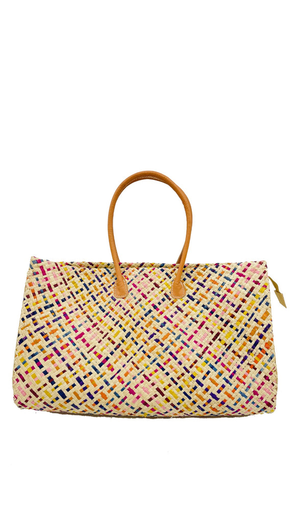 Monte Carlo Confetti Multi Big Straw Beach Bag handmade woven natural raffia palm fiber in a multicolor crosshatch weave pattern with natural straw color, yellow, fuchsia, pink, orange, coral, bordeaux, blue, navy, etc colors oversized handbag with zipper closure and leather handles - Shebobo