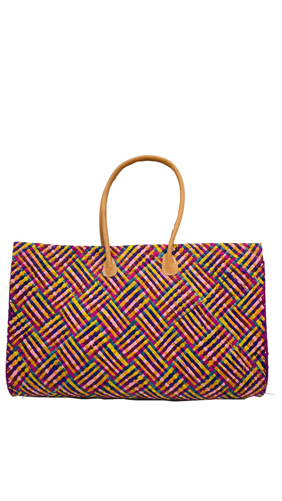 Monte Carlo Raspberry Multi Big Straw Beach Bag handmade woven raffia palm fiber in a multicolor crosshatch weave pattern with yellow, fuchsia, pink, orange, coral, bordeaux, blue, navy, etc colors oversized handbag with zipper closure and leather handles - Shebobo