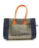 Monte Carlo Wynwood Big Straw Beach Bag with Metallic Detailing Black Shoulder Bag handmade loomed raffia palm fiber in a solid hue of black with incorporated woven in vegan leather gold metallic strands and leather handles purse - Shebobo