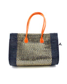 Monte Carlo Wynwood Big Straw Beach Bag with Metallic Detailing Black Shoulder Bag handmade loomed raffia palm fiber in a solid hue of black with incorporated woven in vegan leather gold metallic strands and leather handles purse - Shebobo