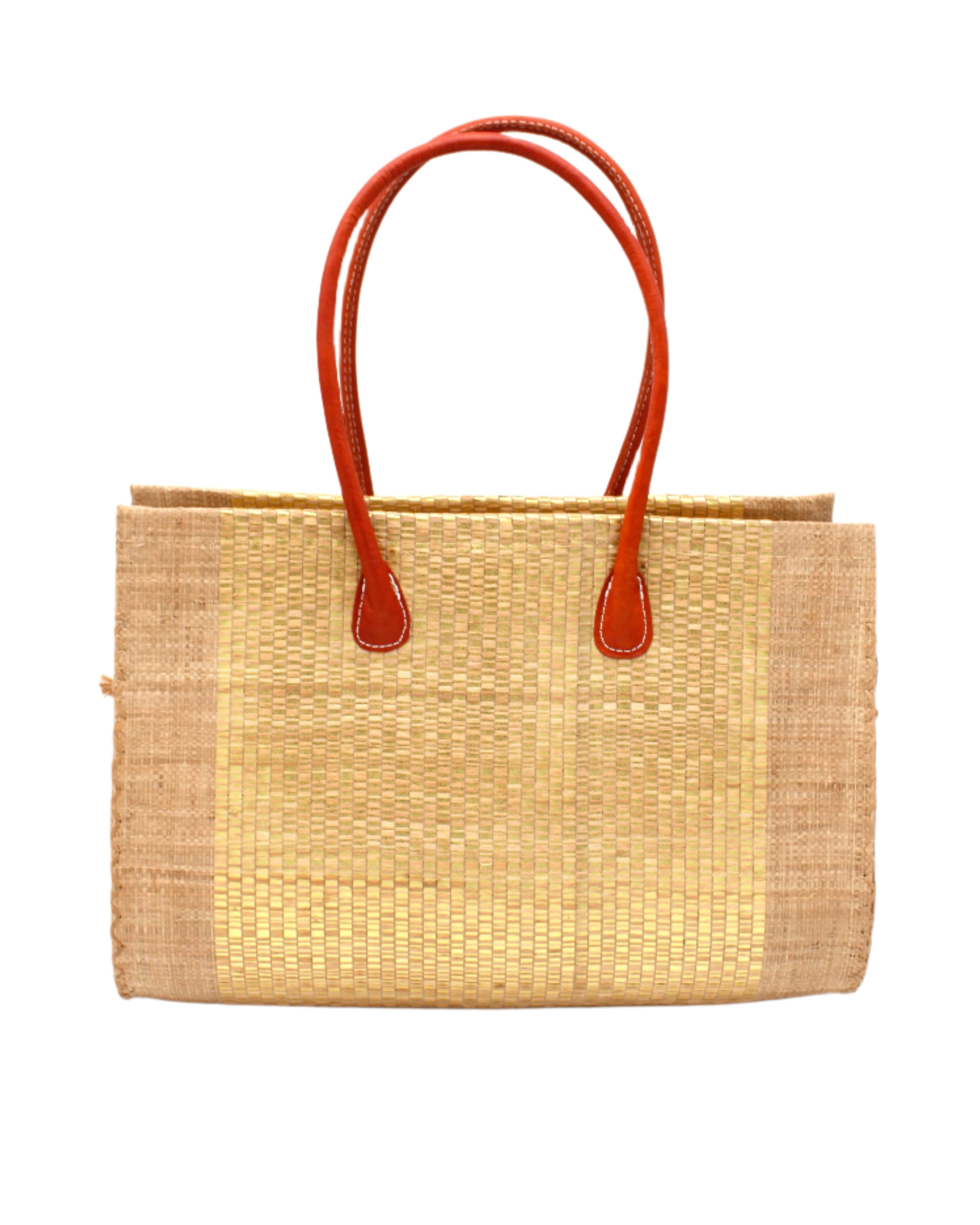 Monte Carlo Wynwood Big Straw Beach Bag with Metallic Detailing Cappuccino Shoulder Bag handmade loomed raffia palm fiber in a solid hue of cappuccino light/brown/beige with incorporated woven in vegan leather gold metallic strands and leather handles purse - Shebobo