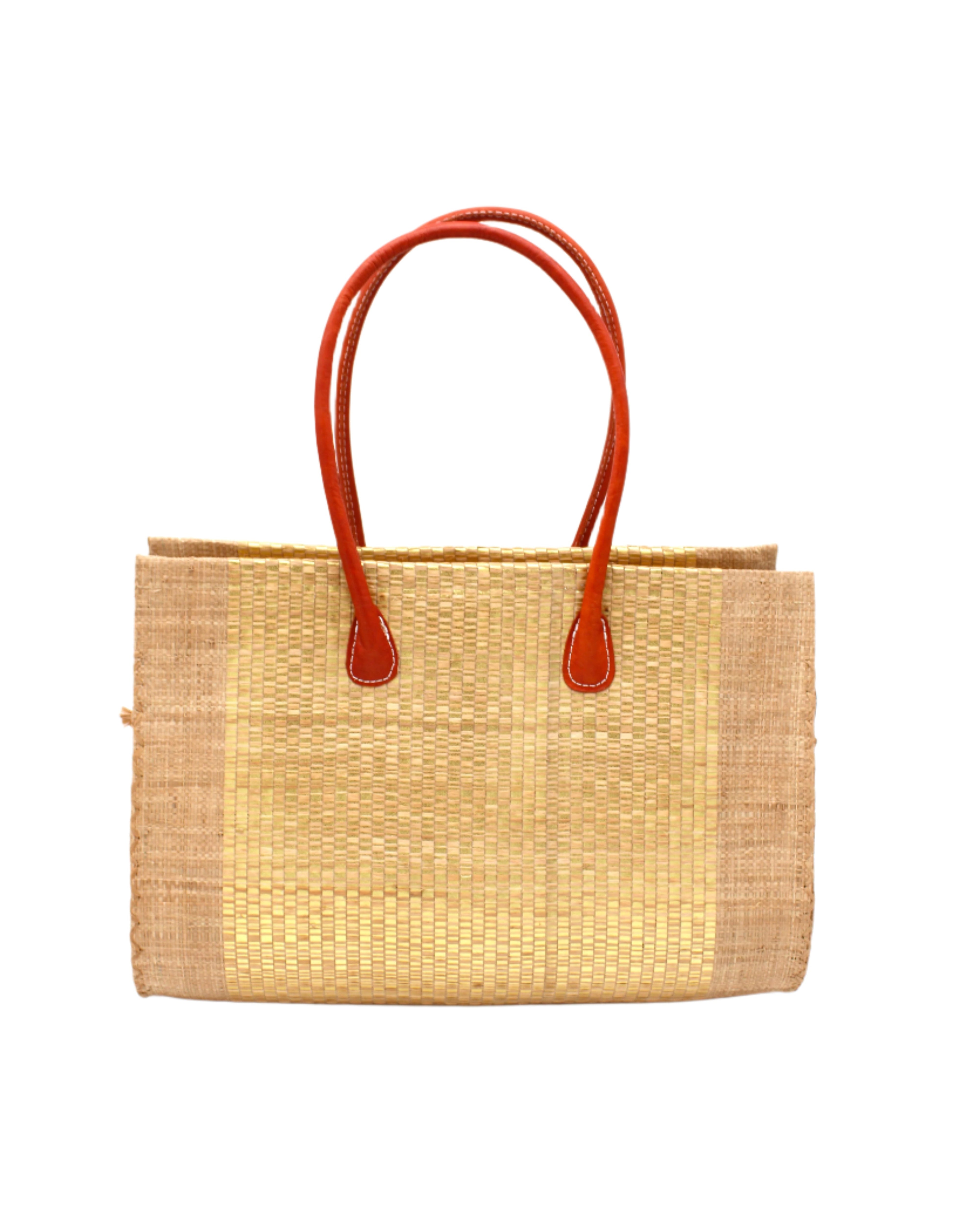 Monte Carlo Wynwood Big Straw Beach Bag with Metallic Detailing Cappuccino Shoulder Bag handmade loomed raffia palm fiber in a solid hue of cappuccino light/brown/beige with incorporated woven in vegan leather gold metallic strands and leather handles purse - Shebobo