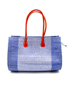 Monte Carlo Wynwood Big Straw Beach Bag with Metallic Detailing Denim Shoulder Bag handmade loomed raffia palm fiber in a solid hue of denim retro/light blue with incorporated woven in vegan leather silver metallic strands and leather handles purse - Shebobo
