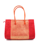 Monte Carlo Wynwood Big Straw Beach Bag with Metallic Detailing Red Shoulder Bag handmade loomed raffia palm fiber in a solid hue of Red with incorporated woven in vegan leather gold metallic strands and leather handles purse - Shebobo