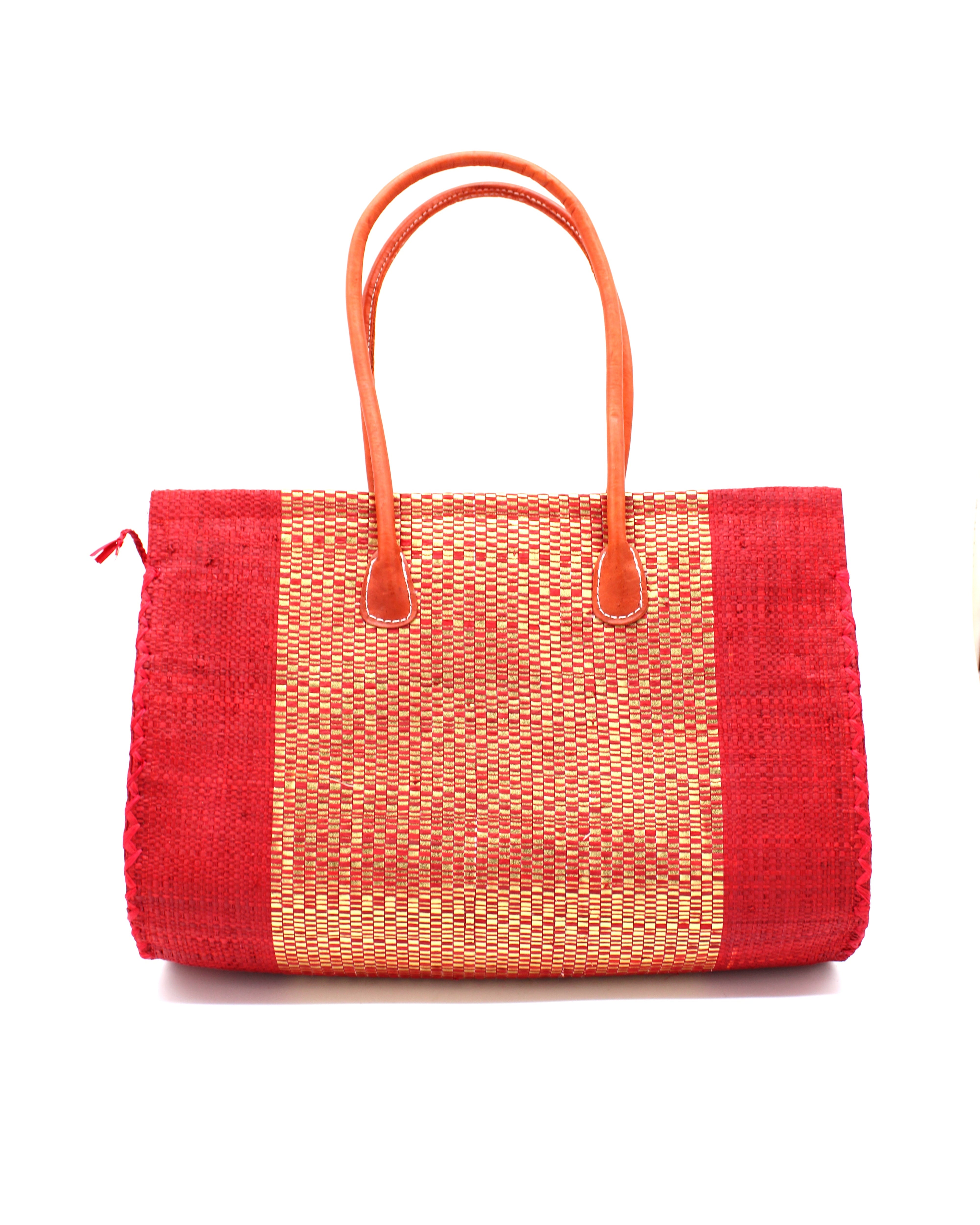 Monte Carlo Wynwood Big Straw Beach Bag with Metallic Detailing Red Shoulder Bag handmade loomed raffia palm fiber in a solid hue of Red with incorporated woven in vegan leather gold metallic strands and leather handles purse - Shebobo
