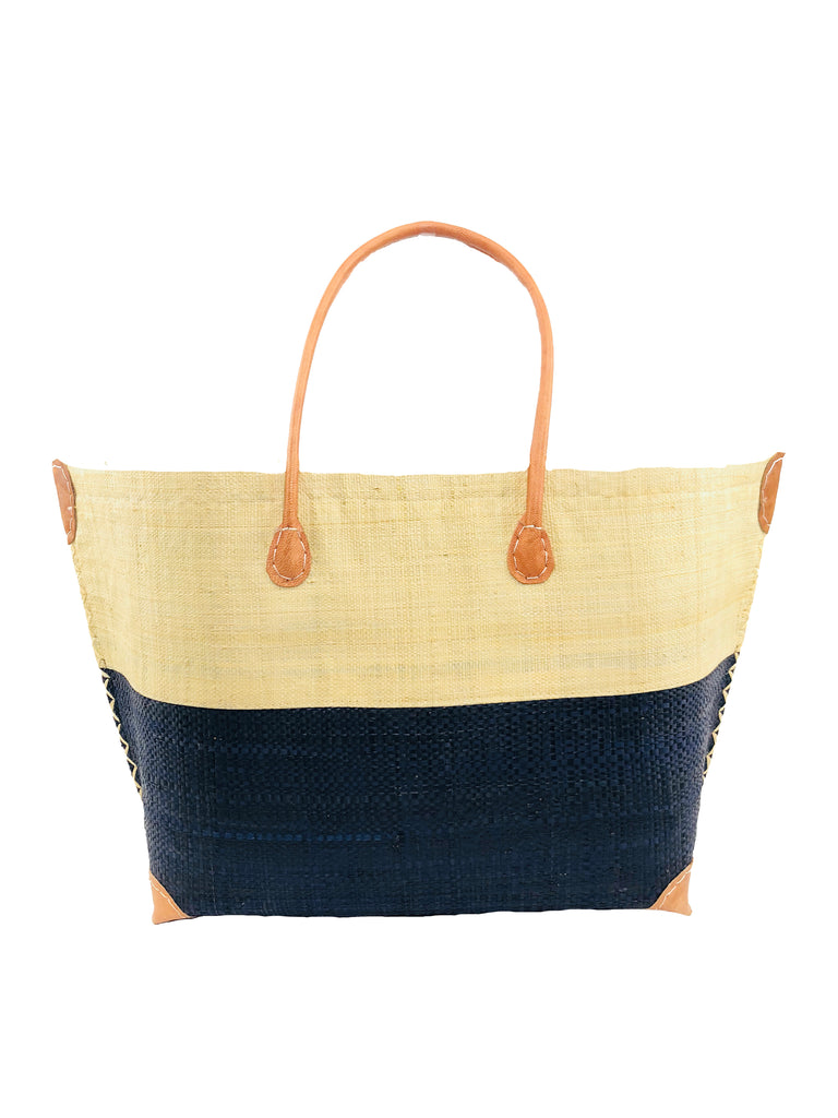 Monterey Two Tone Straw Tote Bag handmade loomed raffia fibers in a color block pattern of natural straw colored upper half, and black lower half - Shebobo