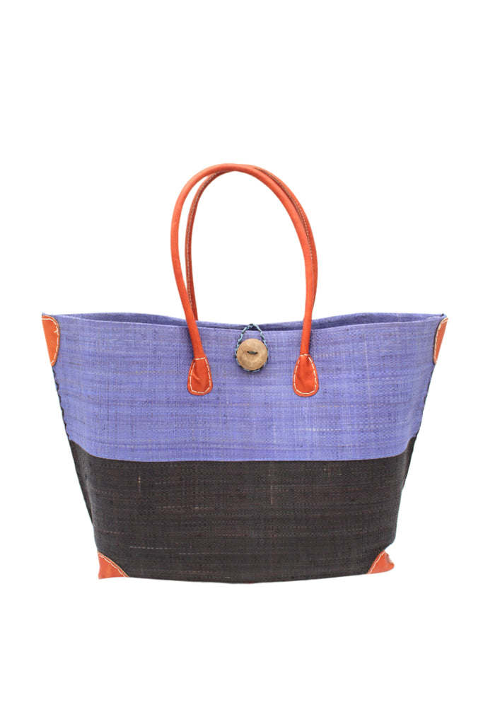 Monterey Two Tone Denim and Black Straw Tote Bag handmade loomed raffia fibers in a color block pattern of denim retro/light/blue colored upper half, and black lower half - Shebobo