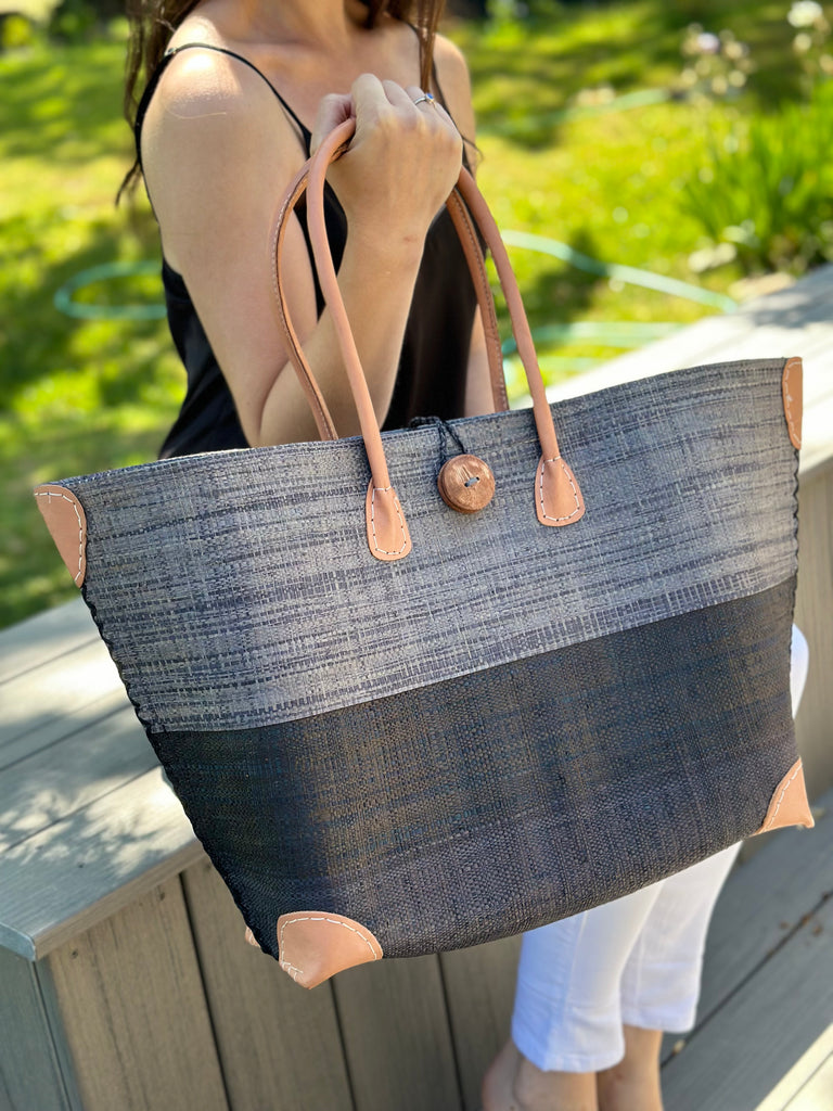 Monterey Two Tone Straw Tote Bag handmade loomed raffia fibers in a color block pattern of grey colored upper half, and black lower half - Shebobo