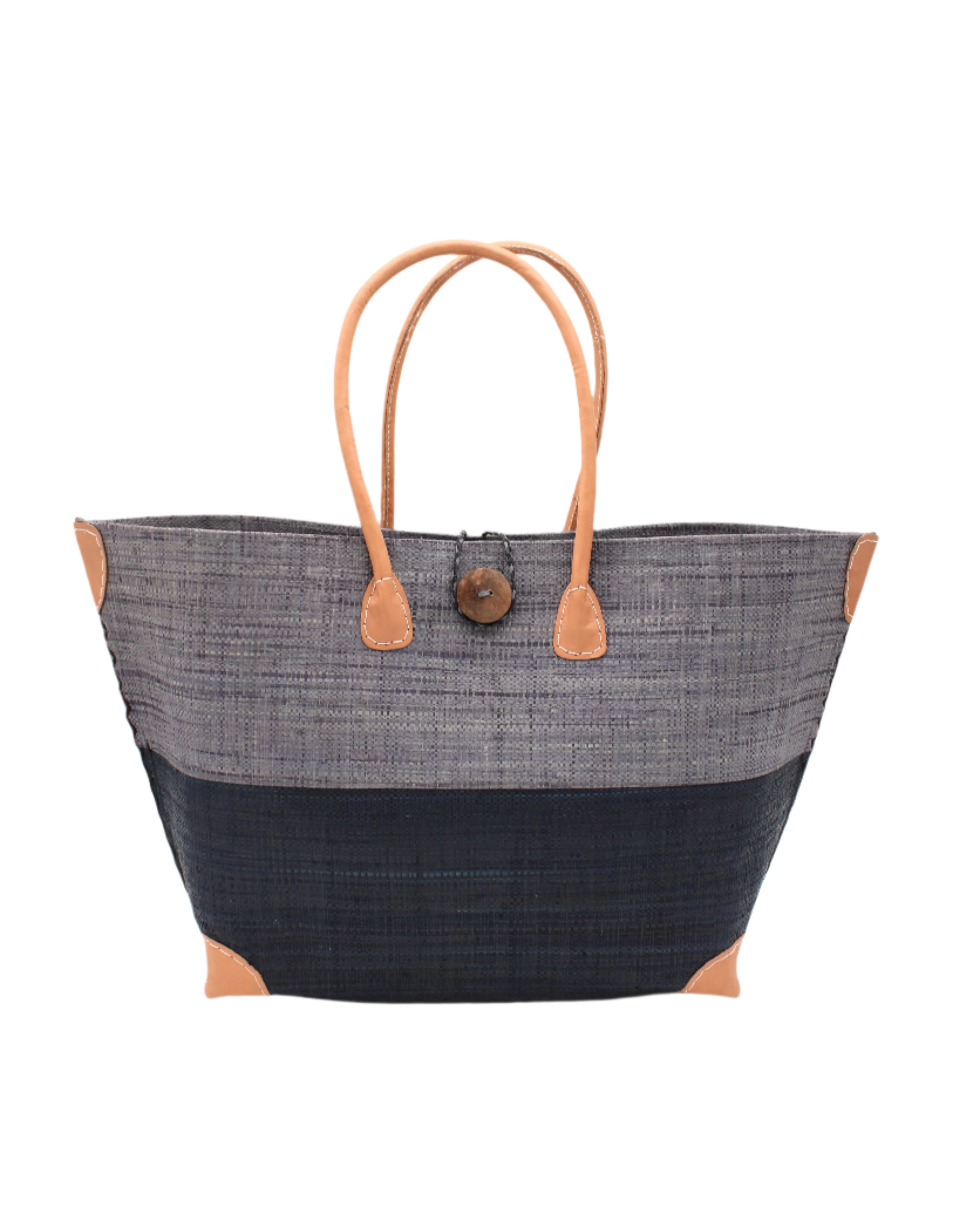 Monterey Two Tone Straw Tote Bag handmade loomed raffia fibers in a color block pattern of grey colored upper half, and black lower half - Shebobo