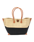 Monterey Two Tone Straw Tote Bag handmade loomed raffia fibers in a color block pattern of natural straw colored upper half, and black lower half - Shebobo