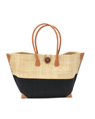 Monterey Two Tone Straw Tote Bag handmade loomed raffia fibers in a color block pattern of natural straw colored upper half, and black lower half - Shebobo