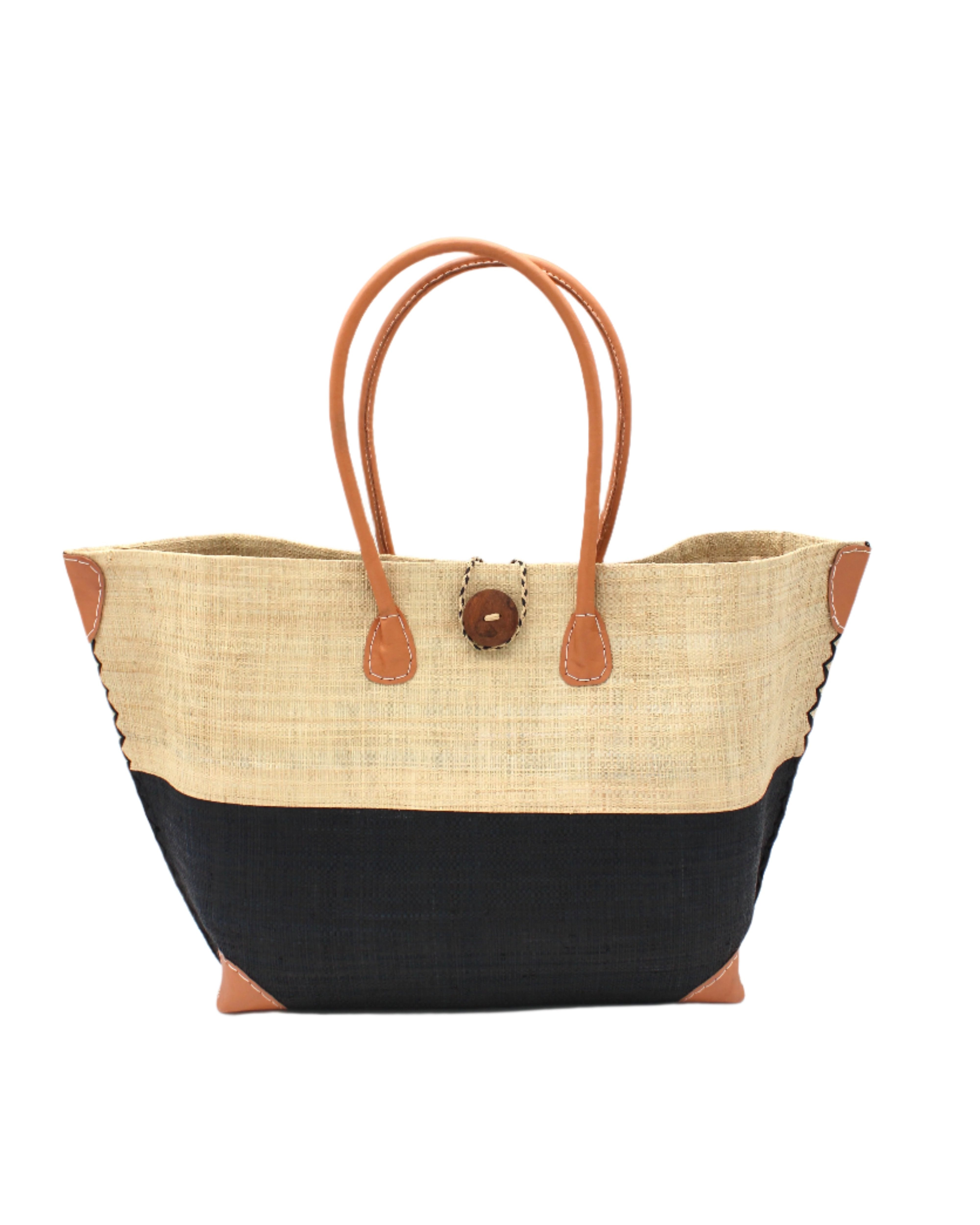 Monterey Two Tone Straw Tote Bag handmade loomed raffia fibers in a color block pattern of natural straw colored upper half, and black lower half - Shebobo
