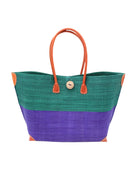 Monterey Two Tone Teal and Dusk Straw Tote Bag handmade loomed raffia fibers in a color block pattern of teal dark/blue/green colored upper half, and dusk dark/navy/blue lower half - Shebobo