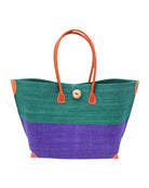 Monterey Two Tone Teal and Dusk Straw Tote Bag handmade loomed raffia fibers in a color block pattern of teal dark/blue/green colored upper half, and dusk dark/navy/blue lower half - Shebobo