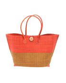 Monterey Two Tone Whisky and Cinnamon Straw Tote Bag handmade loomed raffia fibers in a color block pattern of whisky dark/red/brown colored upper half, and cinnamon tobacco/dark/brown lower half - Shebobo