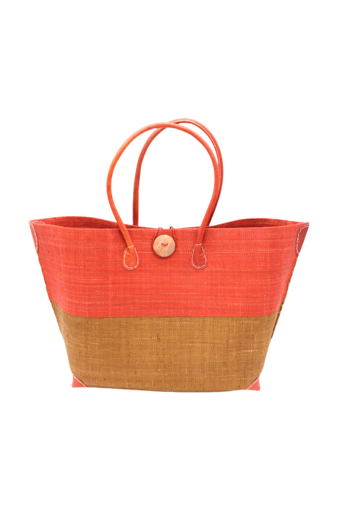 Monterey Two Tone Whisky and Cinnamon Straw Tote Bag handmade loomed raffia fibers in a color block pattern of whisky dark/red/brown colored upper half, and cinnamon tobacco/dark/brown lower half - Shebobo