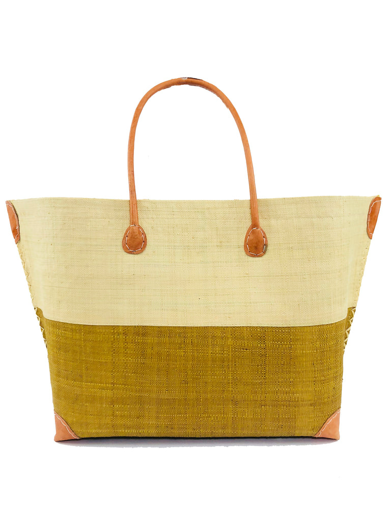 Monterey Two Tone Straw Tote Bag handmade loomed raffia fibers in a color block pattern of natural straw colored upper half, and cinnamon/tobacco/brown lower half - Shebobo