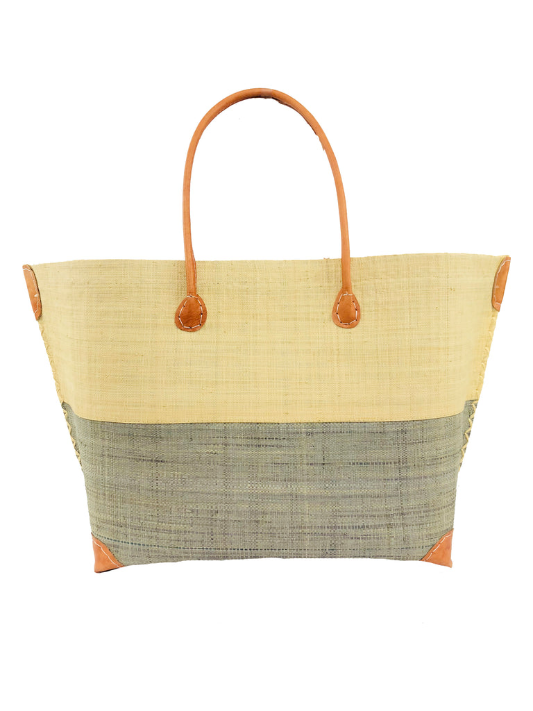 Monterey Two Tone Straw Tote Bag handmade loomed raffia fibers in a color block pattern of natural straw colored upper half, and grey lower half - Shebobo