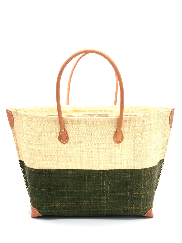Monterey Two Tone Straw Tote Bag handmade loomed raffia fibers in a color block pattern of natural straw colored upper half, and olive green lower half - Shebobo