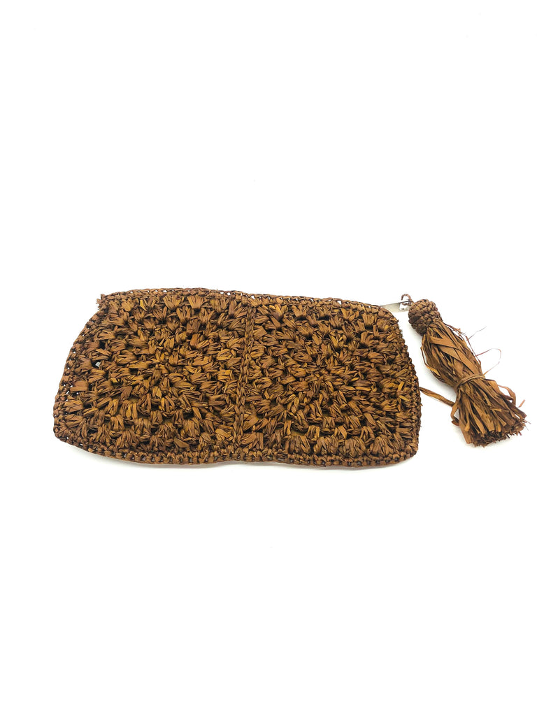 Nasolo Crochet Straw Clutch bag with zipper closure and tassel zipper pull handmade granny square pattern raffia pouch purse in cinnamon/tobaccco/brown handbag - Shebobo
