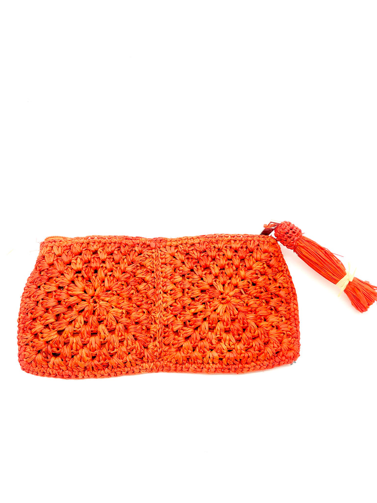 Nasolo Crochet Straw Clutch bag with zipper closure and tassel zipper pull handmade granny square pattern raffia pouch purse in coral red/orange handbag - Shebobo
