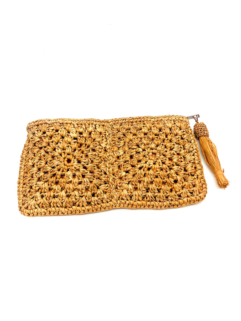 Nasolo Crochet Straw Clutch bag with zipper closure and tassel zipper pull handmade granny square pattern raffia pouch purse in blush pink/orange handbag - Shebobo
