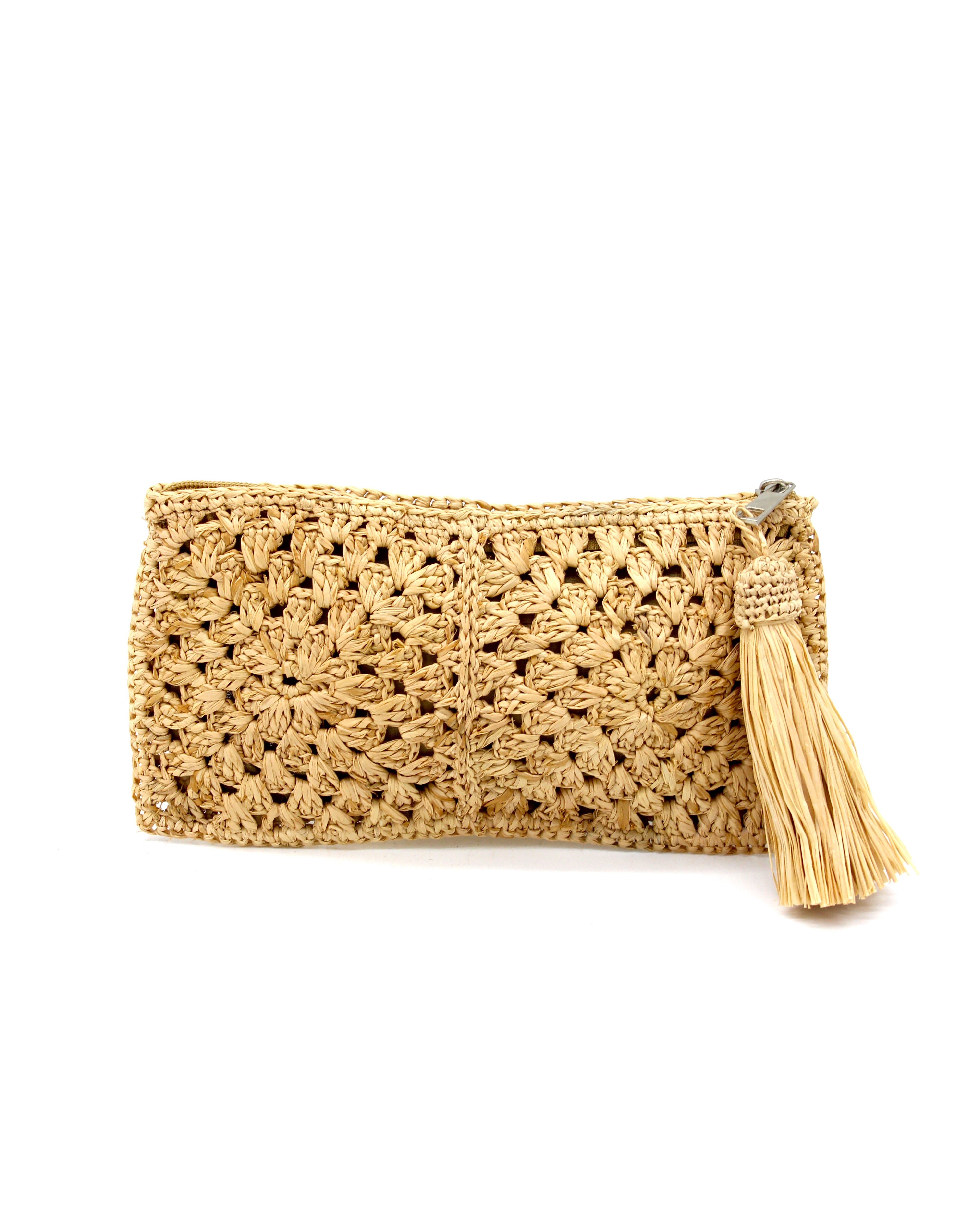 Nasolo Crochet Straw Clutch bag with zipper closure and tassel zipper pull handmade granny square pattern raffia pouch purse in Natural handbag - Shebobo