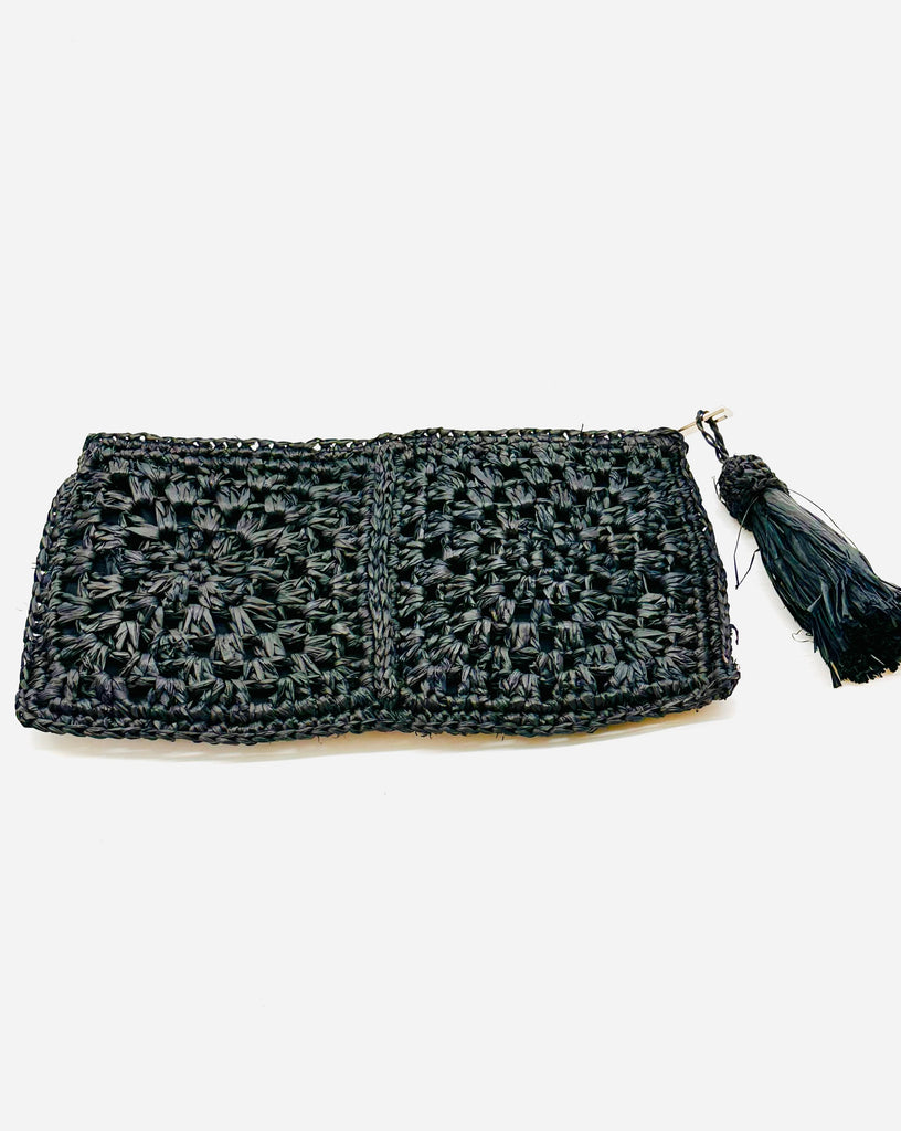 Nasolo Crochet Straw Clutch bag with zipper closure and tassel zipper pull handmade granny square pattern raffia pouch purse in Black handbag - Shebobo