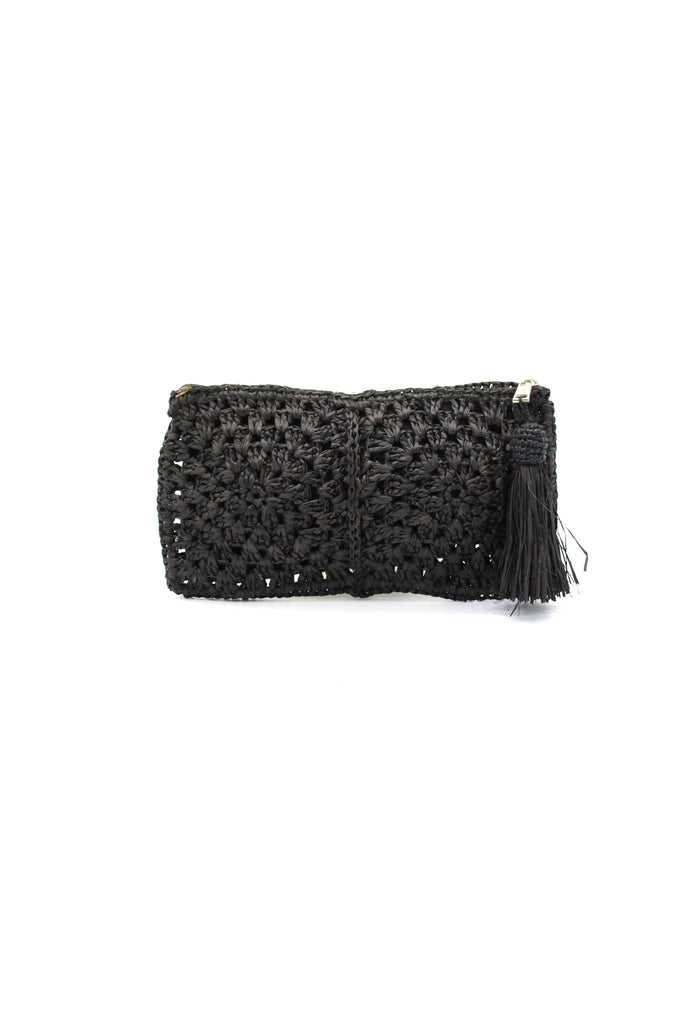 Nasolo Crochet Straw Clutch bag with zipper closure and tassel zipper pull handmade granny square pattern raffia pouch purse in Black handbag - Shebobo