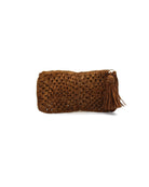 Nasolo Crochet Straw Clutch bag with zipper closure and tassel zipper pull handmade granny square pattern raffia pouch purse in cinnamon/tobaccco/brown handbag - Shebobo