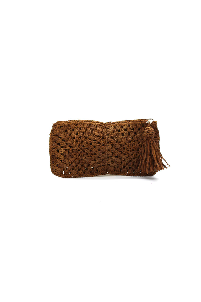 Nasolo Crochet Straw Clutch bag with zipper closure and tassel zipper pull handmade granny square pattern raffia pouch purse in cinnamon/tobaccco/brown handbag - Shebobo