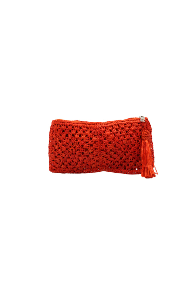 Nasolo Crochet Straw Clutch bag with zipper closure and tassel zipper pull handmade granny square pattern raffia pouch purse in coral red/orange handbag - Shebobo