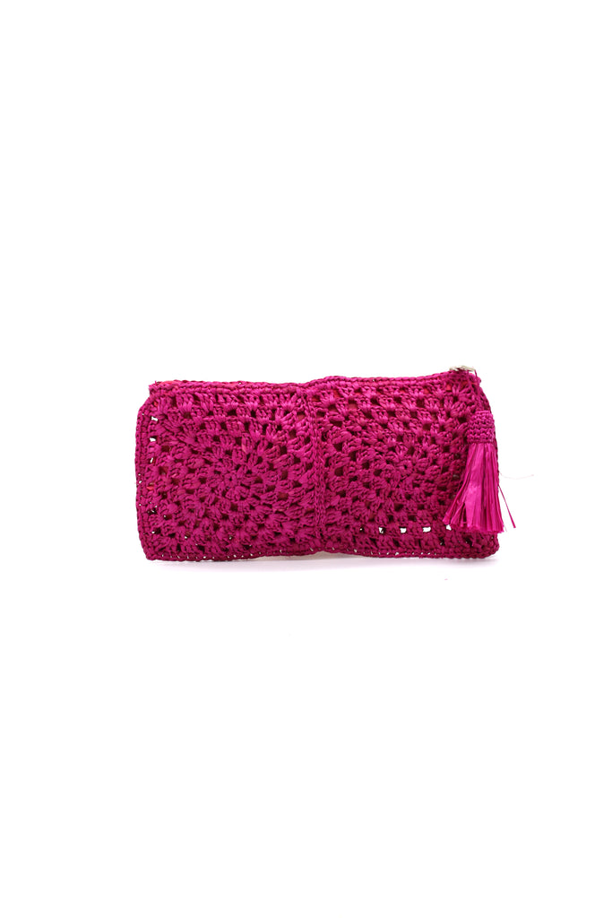 Nasolo Crochet Straw Clutch bag with zipper closure and tassel zipper pull handmade granny square pattern raffia pouch purse in fuchsia hot/barbie/pink  handbag - Shebobo