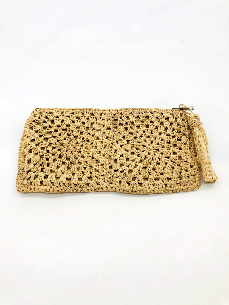 Nasolo Crochet Straw Clutch bag with zipper closure and tassel zipper pull handmade granny square pattern raffia pouch purse in Natural handbag - Shebobo