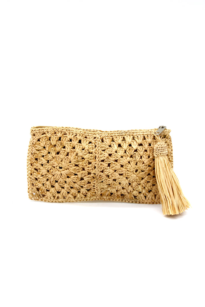 Nasolo Crochet Straw Clutch bag with zipper closure and tassel zipper pull handmade granny square pattern raffia pouch purse in Natural handbag - Shebobo