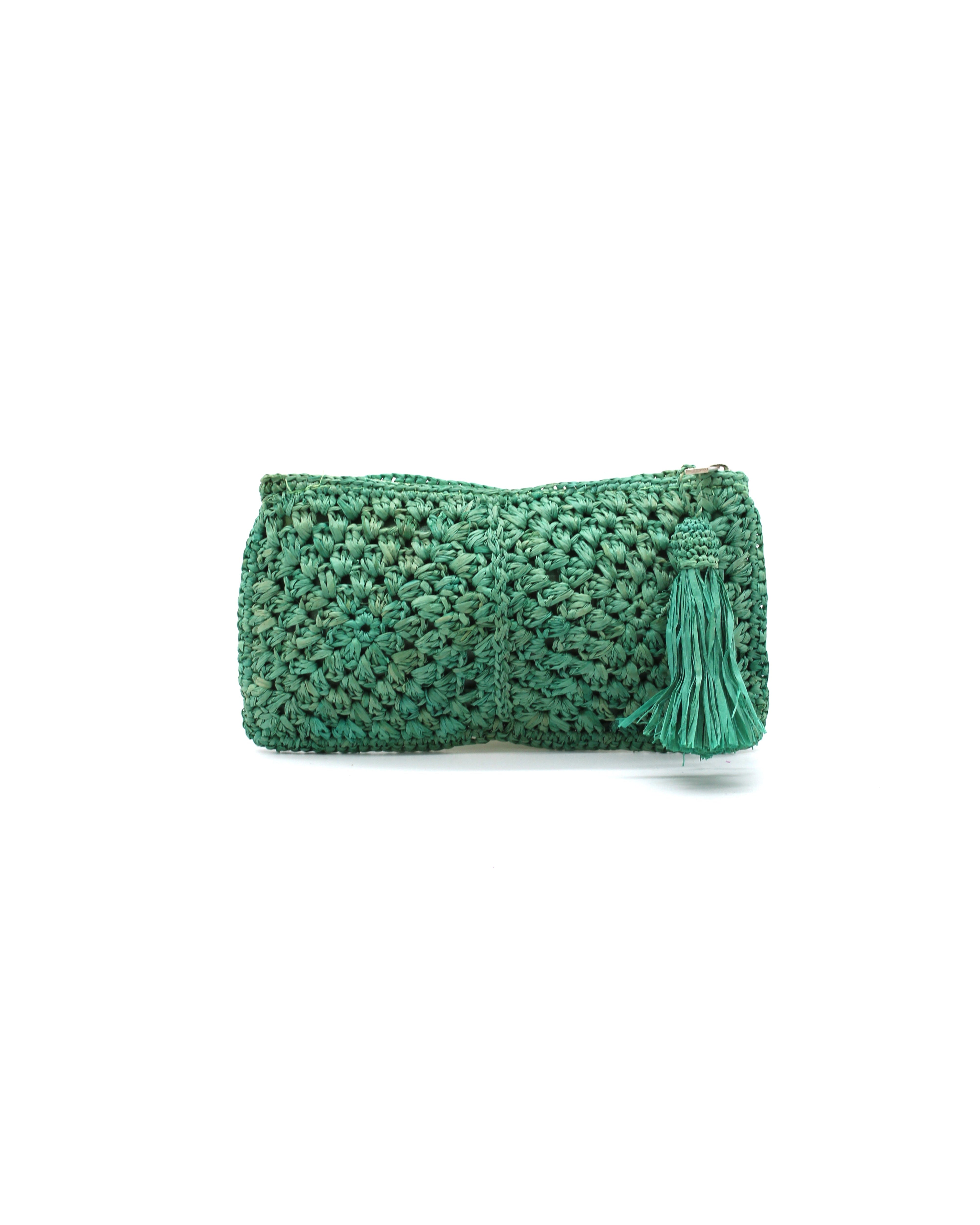 Nasolo Crochet Straw Clutch bag with zipper closure and tassel zipper pull handmade granny square pattern raffia pouch purse in seafoam blue/green handbag - Shebobo
