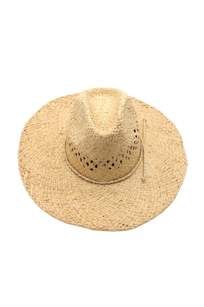 Macho Natural Unisex Straw Cowboy Hat with Adjustable Wire Rim handmade woven raffia in a solid hue of natural straw color in a structured crown style with open weave pattern for breathability and pliable wire rim with matching twisted cord hat band - Shebobo