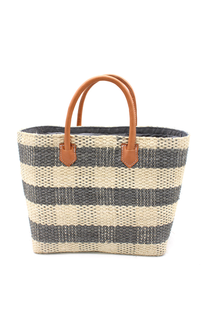 Newport Grey Gingham Sisal Basket Bag handmade woven natural sisal fibers in a two tone color plaid pattern of grey and natural straw color handbag with leather handles purse beach bag - Shebobo