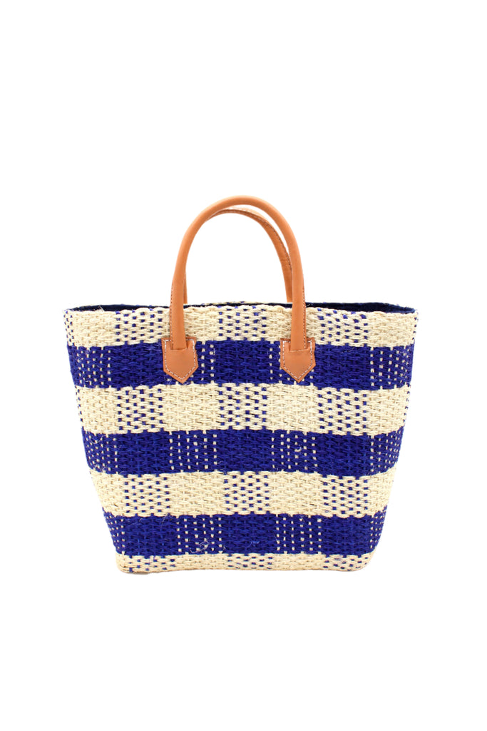 Newport Navy Gingham Sisal Basket Bag handmade woven natural sisal fibers in a two tone color plaid pattern of navy dark blue and natural straw color handbag with leather handles purse beach bag - Shebobo