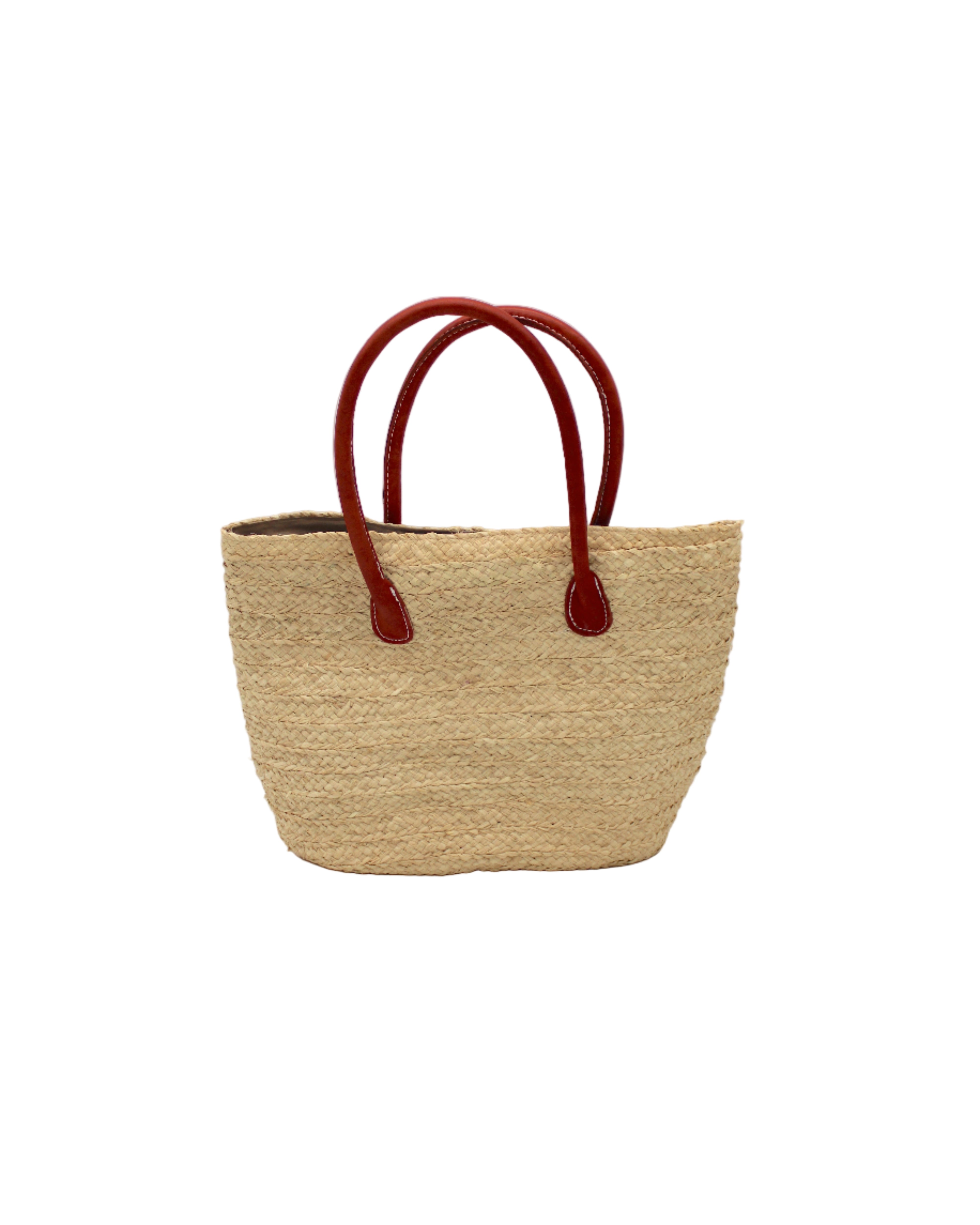 Nomena Braided Straw Basket Handbag handmade braided natural raffia palm fiber in a solid hue of natural straw color woven into concentric horizontal bands of subtle texture spiraling around the bag with leather handles beach bag shoulder bag purse - Shebobo