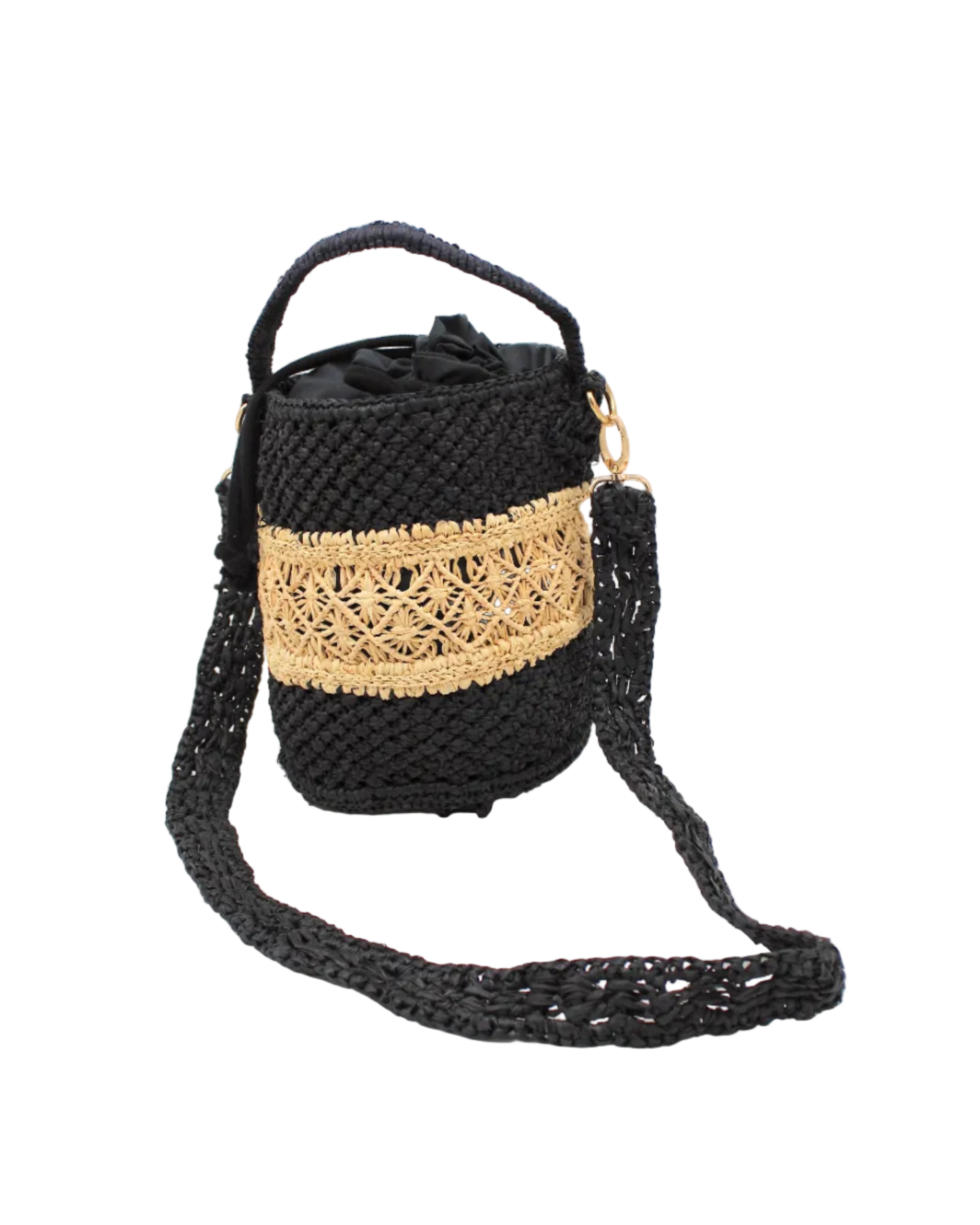 Paloma Macrame Diamond & Crochet Straw Bucket Handbag Convertible Crossbody Bag handmade natural raffia palm fiber macrame and crochet in a two tone multicolor of a diamond pattern horizontal band in the center of natural straw color centered with black around the bottom and top of the round bottomed bag in a subtle link crochet texture with detachable shoulder strap - Shebobo
