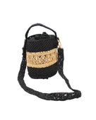 Paloma Macrame Diamond & Crochet Straw Bucket Handbag Convertible Crossbody Bag handmade natural raffia palm fiber macrame and crochet in a two tone multicolor of a diamond pattern horizontal band in the center of natural straw color centered with black around the bottom and top of the round bottomed bag in a subtle link crochet texture with detachable shoulder strap - Shebobo