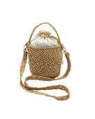 Paloma Macrame Diamond & Crochet Straw Bucket Handbag Convertible Crossbody Bag handmade natural raffia palm fiber macrame and crochet in a solid hue of natural straw color round bottomed bag with three even horizontal bands of texture the top and bottom subtle link pattern and the center geometric diagonal starburst or flower in diamond pattern with detachable shoulder strap - Shebobo