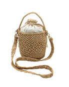 Paloma Macrame Diamond & Crochet Straw Bucket Handbag Convertible Crossbody Bag handmade natural raffia palm fiber macrame and crochet in a solid hue of natural straw color round bottomed bag with three even horizontal bands of texture the top and bottom subtle link pattern and the center geometric diagonal starburst or flower in diamond pattern with detachable shoulder strap - Shebobo