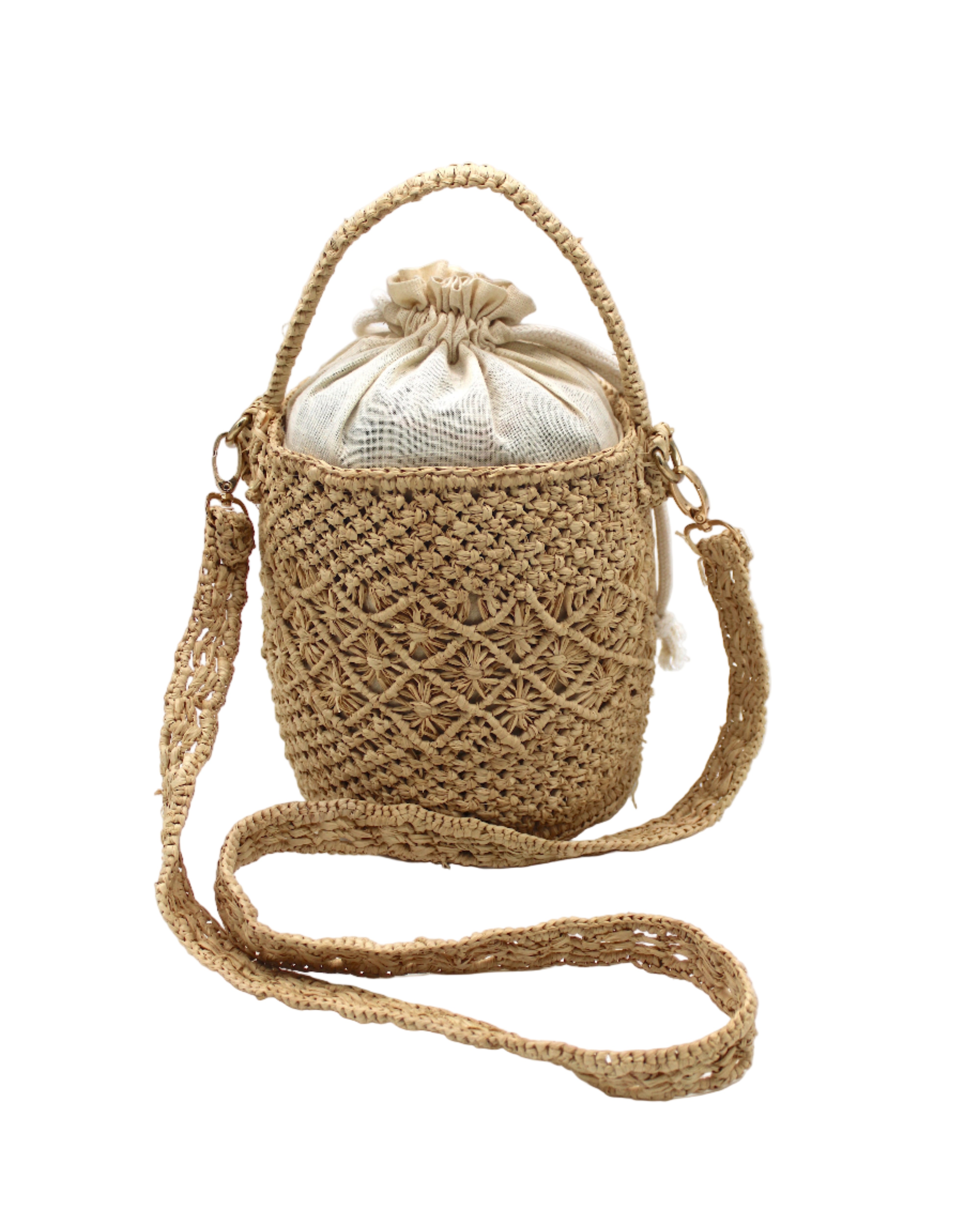 Paloma Macrame Diamond & Crochet Straw Bucket Handbag Convertible Crossbody Bag handmade natural raffia palm fiber macrame and crochet in a solid hue of natural straw color round bottomed bag with three even horizontal bands of texture the top and bottom subtle link pattern and the center geometric diagonal starburst or flower in diamond pattern with detachable shoulder strap - Shebobo