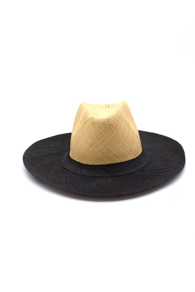 Panama two tone natural and black colorblock unisex straw hat black brim and hatband with a natural raffia top sun hat - Shebobo